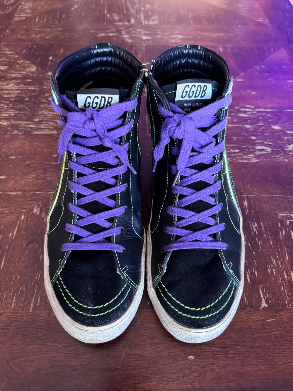 Golden Goose Slide Leather High-Top Sneaker in Black & Neon Green - Picture 3 of 7